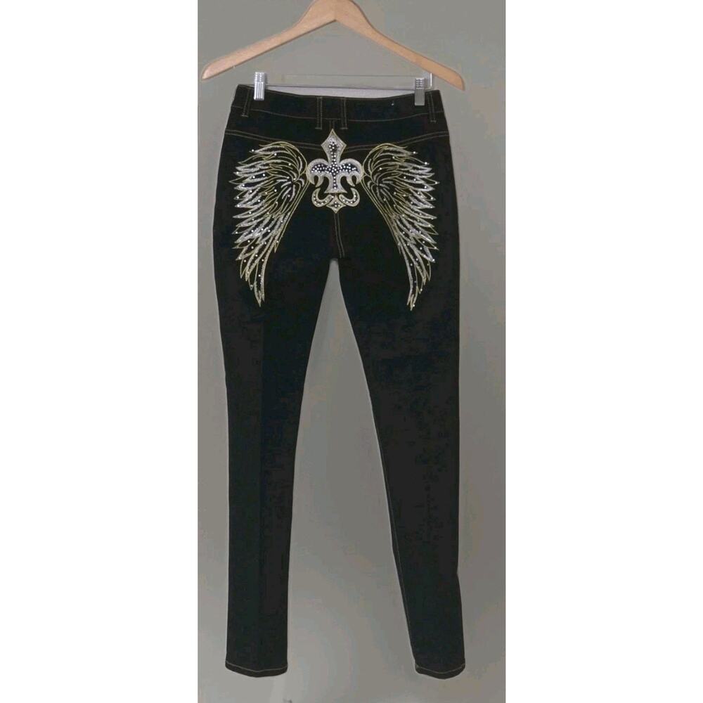 Impression Jeans Angel Wing Rhinestone Embroidered DarkWash Denim Fluer De Lis 6